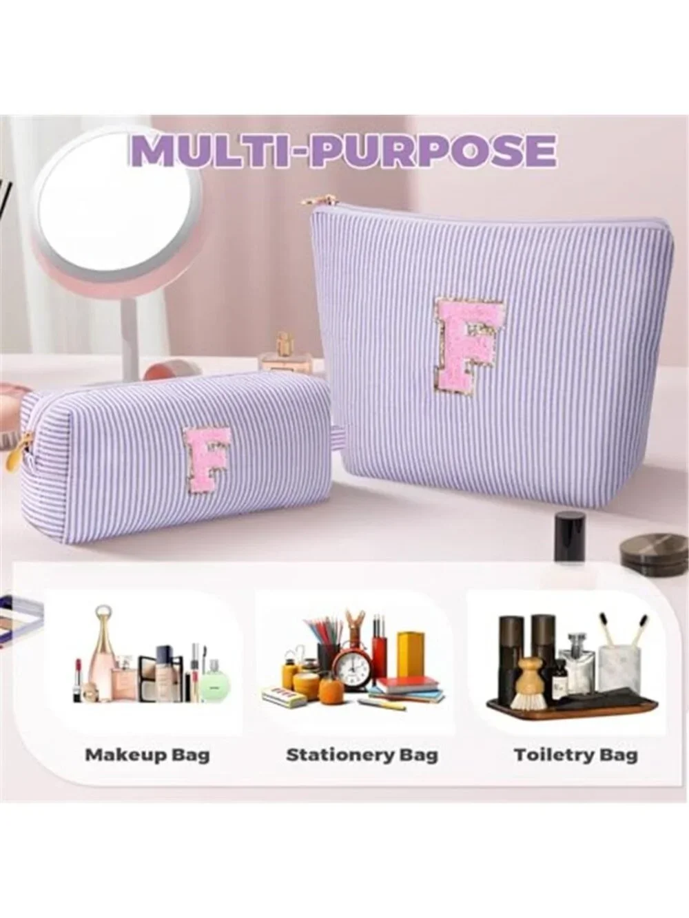 Personalized Initial Makeup Bag Canvas Cosmetic Travel Organizer Pouch Set